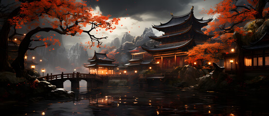 an asian style scenery that looks very realistic Generated by AI - obrazy, fototapety, plakaty