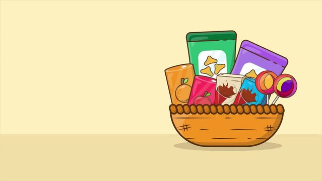 Animated illustration of some snacks falling into a basket