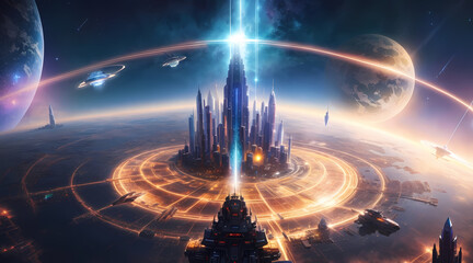The space city is surrounded by a halo of bright stars and starships, Generative AI