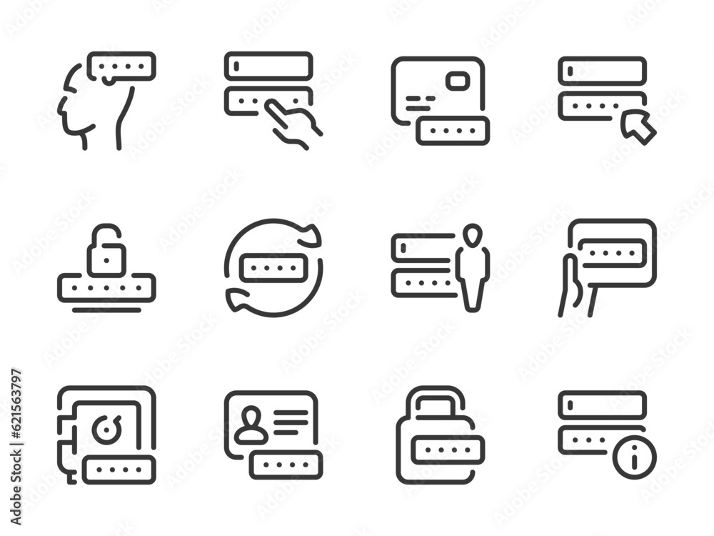 Poster password and entry vector line icons. pass code and login outline icon set. change password, create 