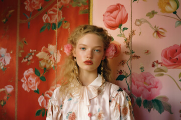 Fototapeta premium portrait of a woman/model/book character standing in front of floral wallpaper with a thoughtful expression in a fashion/beauty editorial magazine style film photography look - generative ai art