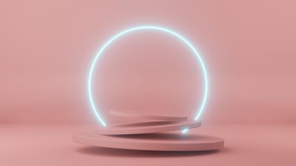 3d render of minimalist podium showcase stage in interior room pink or gold studio and lighting for product display abstract bright background.