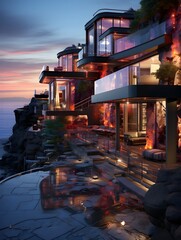 Ultra Modern neon light cliff side large colorful villa or home background. AI Generative