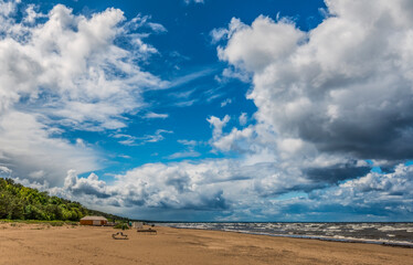 Panoramic landscape with sandy beach of Jurmala - famous Baltic tourist  resort in Latvia, Europe