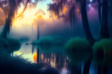 AI Illustration of Louisiana Swamp at twilight with cypress trees illuminated by the setting sun. - obrazy, fototapety, plakaty