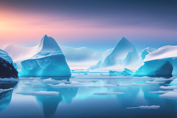 Illustration of Antartica landscape with icebergs, blue water, and pink sky.