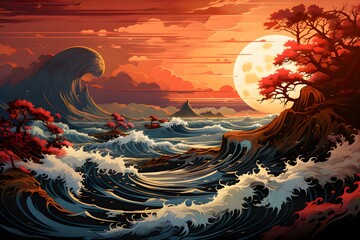 Traditional Ocean landscape Japanese painting with a sunset 
