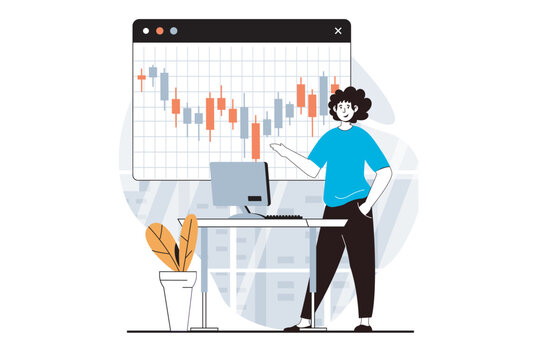 Stock market concept with people scene in flat design for web. Man analyzing data on candlestick chart, monitoring and stock trading. Vector illustration for social media banner, marketing material.