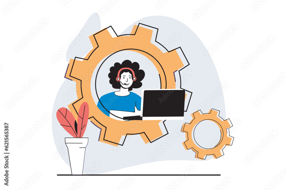 Poster technical support concept with people scene in flat design for web. man in headset answering client 