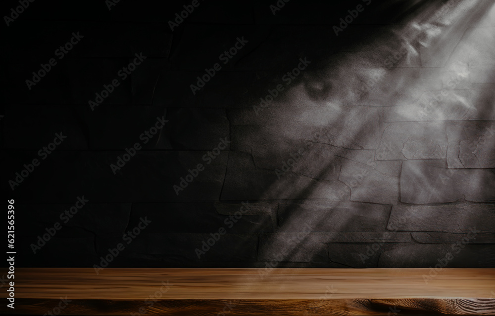 Wall mural empty wooden table with smoke float up on dark background empty space for display your products,.emp