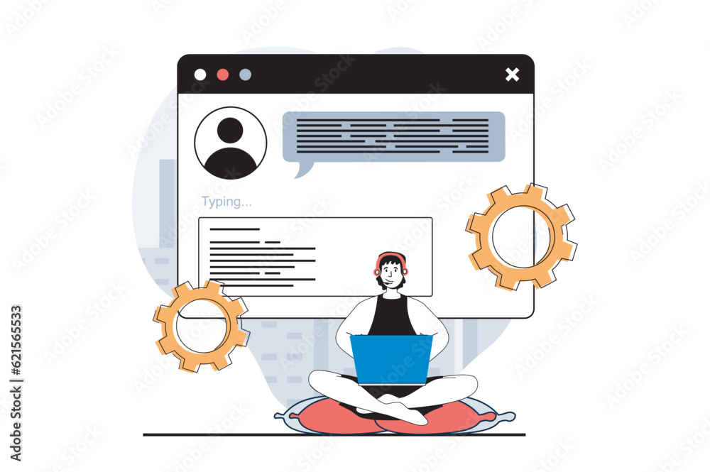 Poster Technical support concept with people scene in flat design for web. Man chatting online with client, finding solvings and gives advice. Vector illustration for social media banner, marketing material.