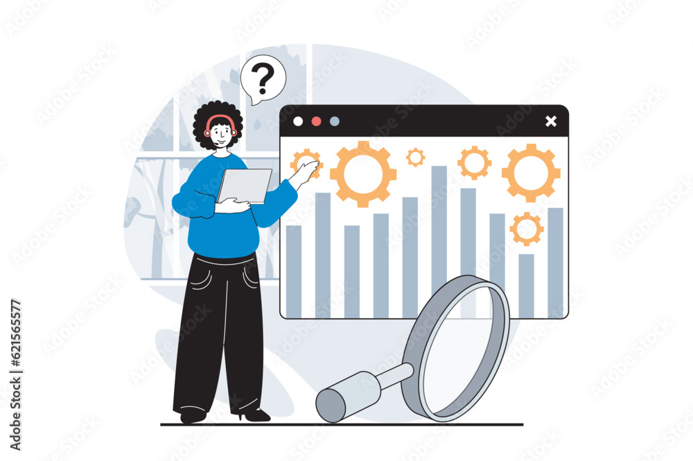 Poster Technical support concept with people scene in flat design for web. Man searching information and solutions for customer question. Vector illustration for social media banner, marketing material.