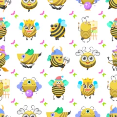 Fotobehang Seamless Pattern Abstract Elements Different Bee Insect Beetle With Flower Vector Design Style Background Illustration Texture For Prints Textiles, Clothing, Gift Wrap, Wallpaper, Pastel © Дмитрий