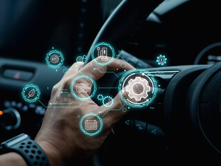 Electric Vehicle Interior High-Tech Dashboard and Modern Design. Electric Car Battery Technology Advancements in Energy Storage. Combining Electric Power and Internal Combustion Engine.