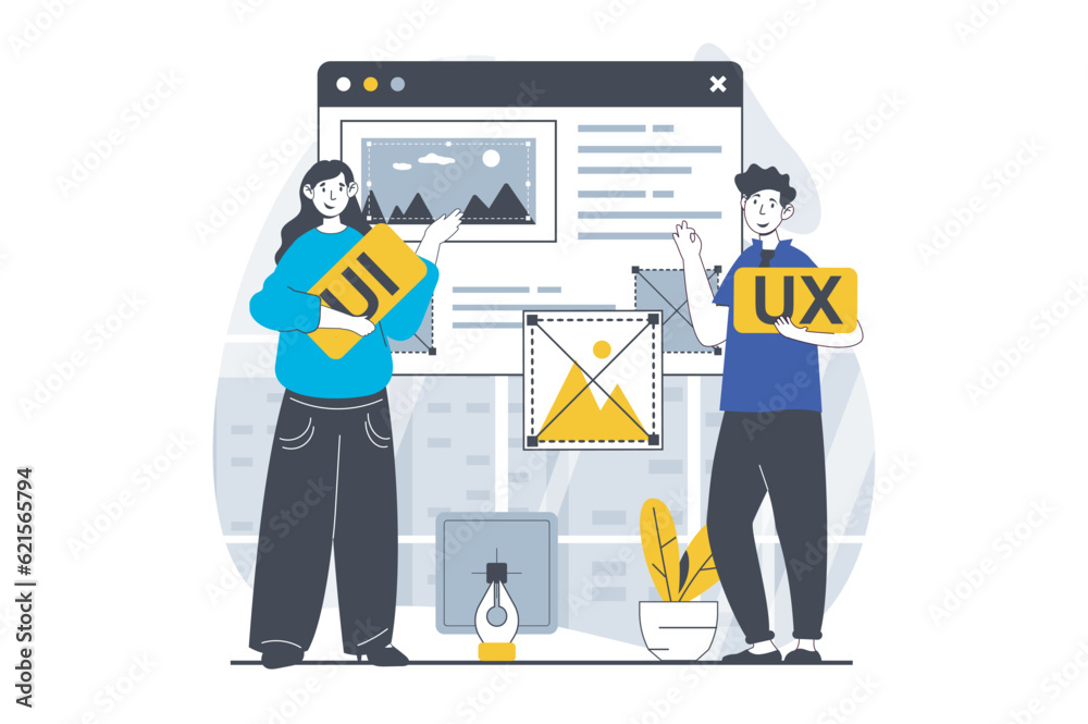 Aufkleber ui ux design concept with people scene in flat graphic for web. woman and man finding creative ideas