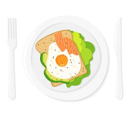 Healthy breakfast. Delicious sandwich with avocado, salmon, fried egg and lettuce on a white plate . Dish and cutlery. Vector flat style illustration