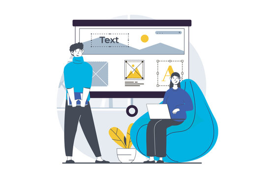 UI UX design concept with people scene in flat graphic for web. Man and woman creating website wireframe layout, placing elements. Vector illustration for social media banner, marketing material.