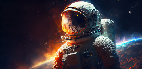 Obraz na płótnie Canvas Astronaut explores the planets in outer space, portrait of an astronaut. AI