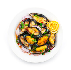 Mussels Spicy Salad Thai food fusion Style  Decoration with lemon topview