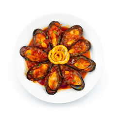Mussels Marinara Italian Food fusion Style decoration with Lemon rose Shape topview