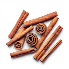 Fragrant cinnamon sticks isolated on white background. Top view. Still life