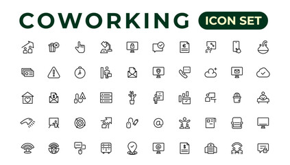 Coworking Service Vector Icons Set Collection. Coworking space office thin line icons set.Outline icon.