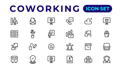 Fototapeta na wymiar Coworking Service Vector Icons Set Collection. Coworking space office thin line icons set.Outline icon.