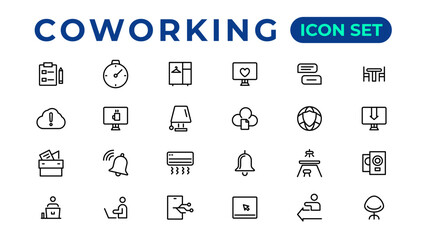 Coworking Service Vector Icons Set Collection. Coworking space office thin line icons set.Outline icon.