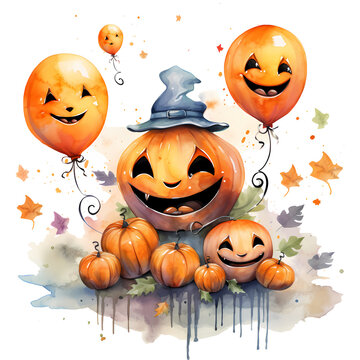 Halloween background with pumpkins, balloons, and watercolor illustration AI Generative