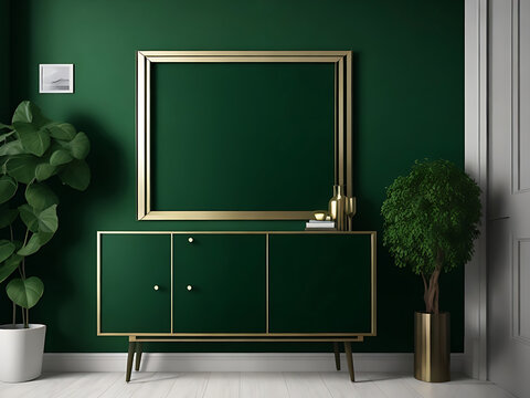 Poster frame on cabinet in living room interior on empty dark green wall 3d rendering by ai