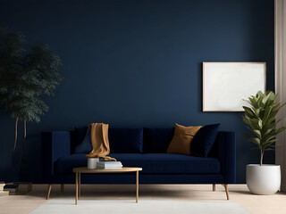 Living room interior mockup with an armchair in warm tones empty blue wall generated by ai