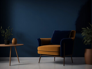 Living room interior mockup with armchair and empty blue wall generated by ai