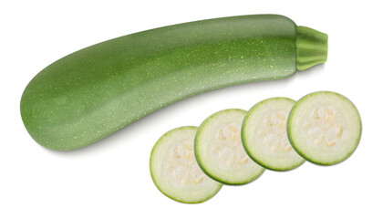 Zucchini or marrow with slices isolated on white background. Whole and chopped vegetable. Realistic 3d vector illustration. Clipping path and full depth of field.
