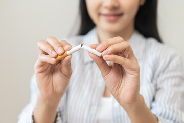 Quit, stop smoking, addiction asian young woman, girl refusing cigarette, smoker quitting smoke,...