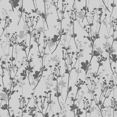 Seamless floral background. Gray realistic silhouettes of flowering wild grasses with long stems and leaves. Natural pattern for fabric, textiles, packaging, wrapping, cover, design, print.