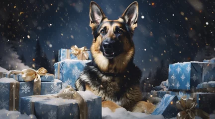 Fotobehang german shepherd dog in the snow with christmas packages generativa IA © Victor