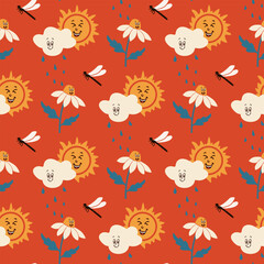 Vintage pattern for kids with cartoon characters. Vector groovy characters sun, clouds with drops, dragonflyfly and daisy on red background. Perfect for decoration, background, kids textile, wrapping