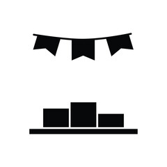 Winner podium with hanging buntings garland flags glyph icon vector. Youth and sport day vector illustration for game interface, web, graphic design, UI, and app.
