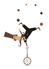 Funny man in the top hat balances on the unicycle.  Cartoon in the top hat balances legs up on unicycle and juggles the balls. Isolated on white background  © bigmen