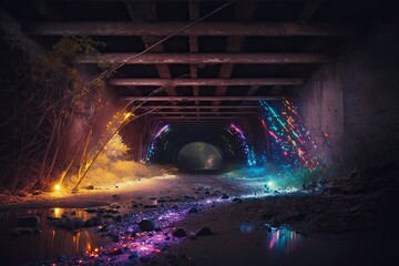 Underground tunnel at night with colorful lights and reflections
