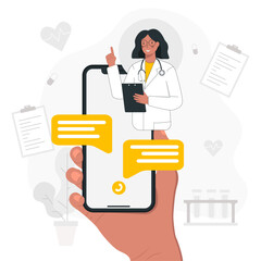 Phone screen with female therapist chatting in messenger and online consultation. Online doctor. Vector flat illustration. Online medical consultation or consultation service.