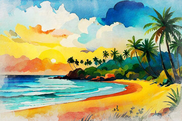 Fototapeta na wymiar summer watercolor illustration of beach landscape