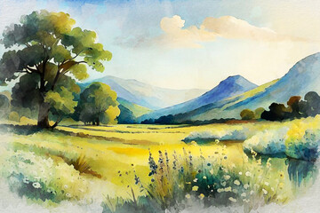 summer watercolor illustration of field landscape