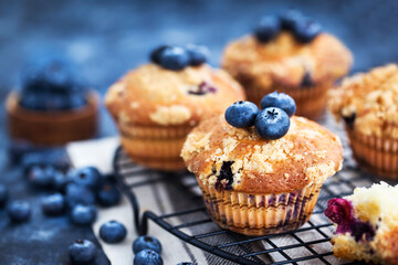 Homemade delicious blueberry and streusel muffins, decorated with fresh berries