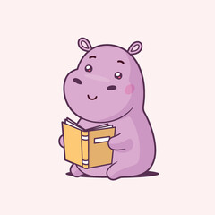 Cute kawaii hippopotamus student reading a book vector cartoon illustration