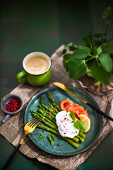 Poached egg, salted salmon and green asparagus for breakfast or lunch