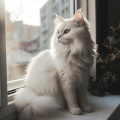 A picture-perfect scene of a white feline gracefully positioned on a windowsill, taking in the sights.