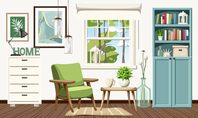 Living room interior design with a green armchair, a blue bookcase, a white dresser, pictures on the wall, and pendant light. Cozy room interior design. Cartoon vector illustration