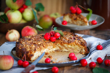 Homemade apple crumble cake on rustic background