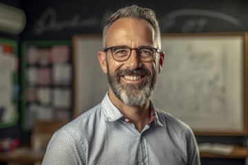 Obraz premium smiling male teacher in front of the whiteboard with Generative AI